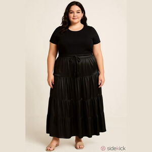 Joie Satin Tassle Drawstring Tiered Black Midi Skirt Size 1X